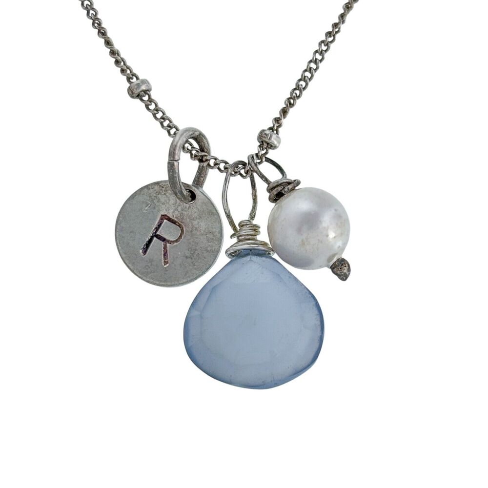 Vintage Sterling Silver 925 Initial R Pearl Chrysoprase Necklace 17"